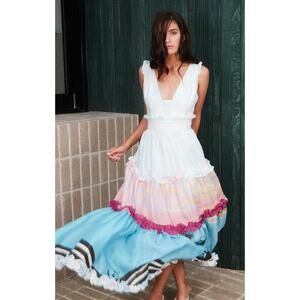 Beulah Women’s Small Linen Ruffle Acapulco Beach Maxi Dress NWT